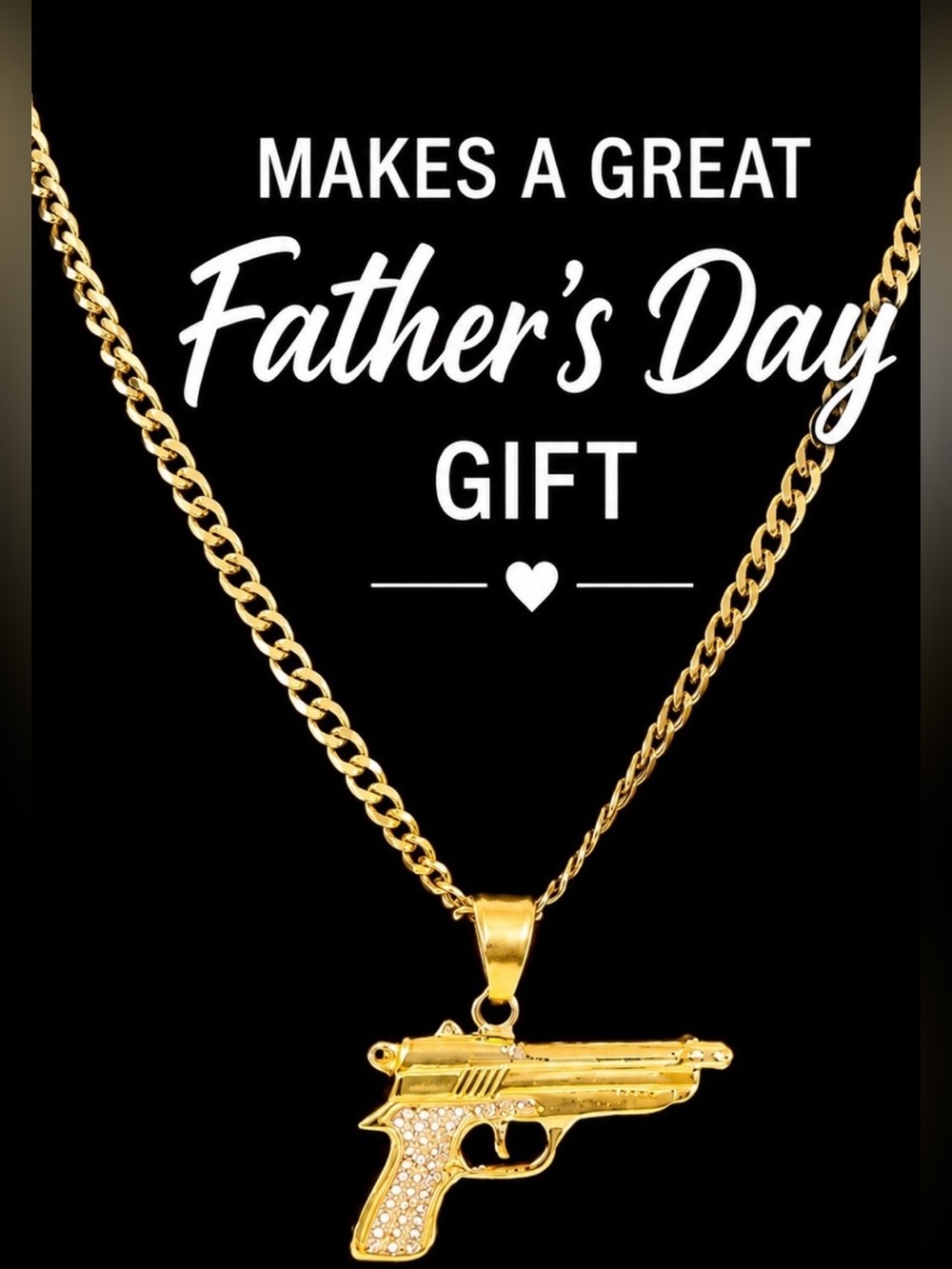 Gold Gun Pendant Necklace - Men's Statement Chain 22” Chain~ Zirconia Stones 💛🖤💛